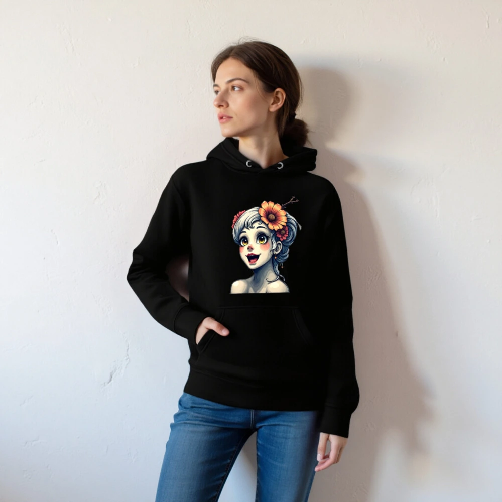 Unisex Premium Pullover Hoodie with Floral Girl Art - Black, Soft & Comfortable - Image 4