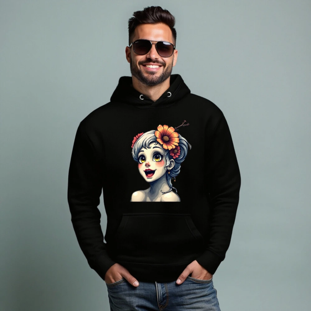 Unisex Premium Pullover Hoodie with Floral Girl Art - Black, Soft & Comfortable - Image 5