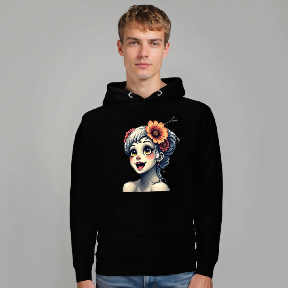 Unisex Premium Pullover Hoodie with Floral Girl Art - Black, Soft & Comfortable - Image 7