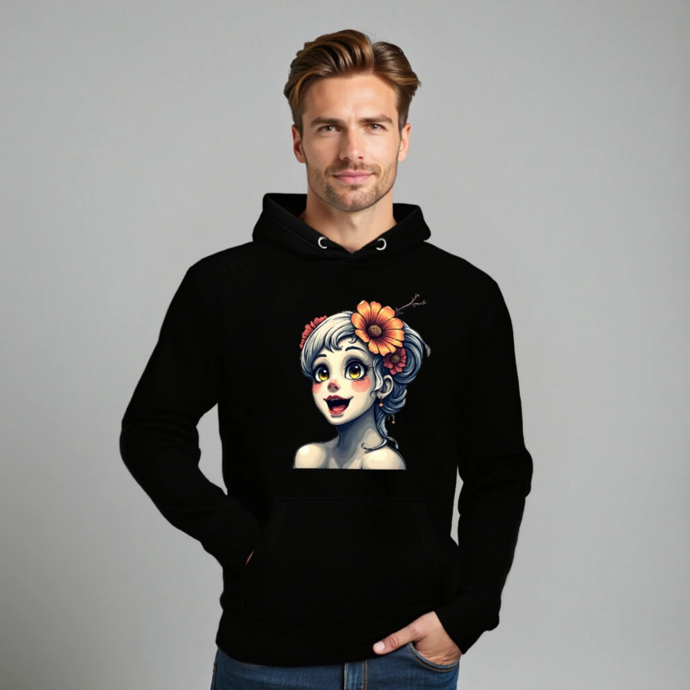 Unisex Premium Pullover Hoodie with Floral Girl Art - Black, Soft & Comfortable - Image 8