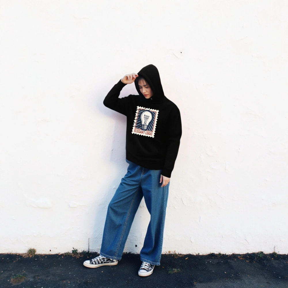 Unisex Premium Pullover Hoodie | Elegant Logic Stamp Design with Binary Code Lightbulb - Image 2