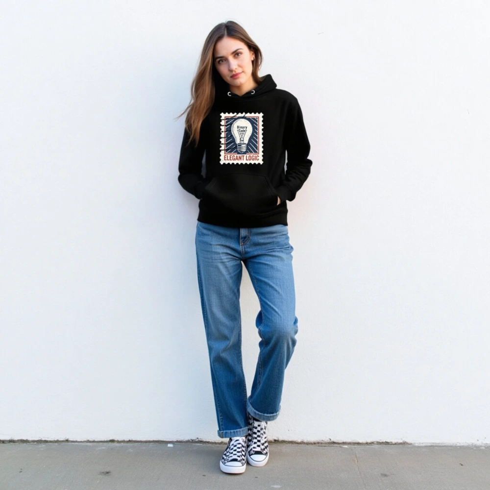 Unisex Premium Pullover Hoodie | Elegant Logic Stamp Design with Binary Code Lightbulb - Image 3