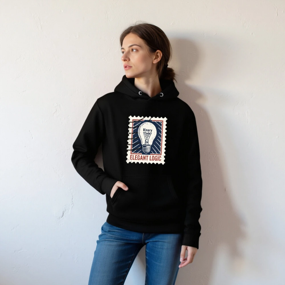 Unisex Premium Pullover Hoodie | Elegant Logic Stamp Design with Binary Code Lightbulb - Image 4
