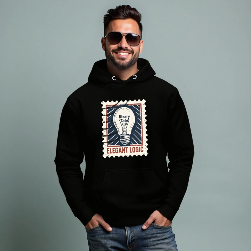 Unisex Premium Pullover Hoodie | Elegant Logic Stamp Design with Binary Code Lightbulb - Image 5