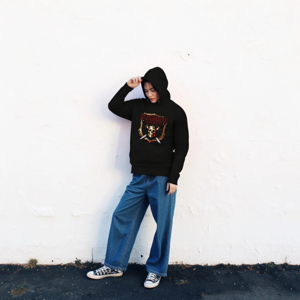 Strength in Death Hoodie - Unisex Premium Pullover with Skull & Swords Shield Design - Image 2