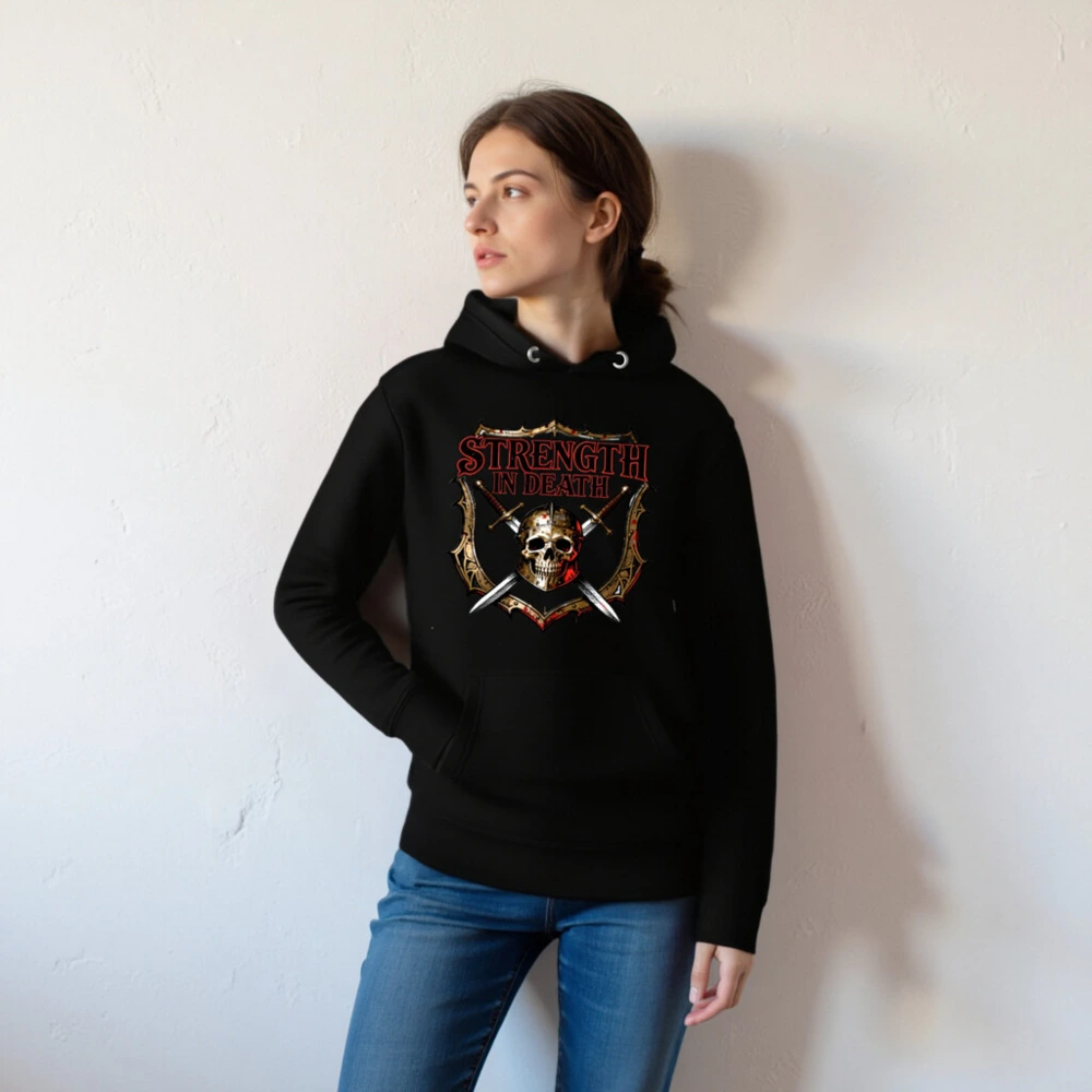 Strength in Death Hoodie - Unisex Premium Pullover with Skull & Swords Shield Design - Image 4