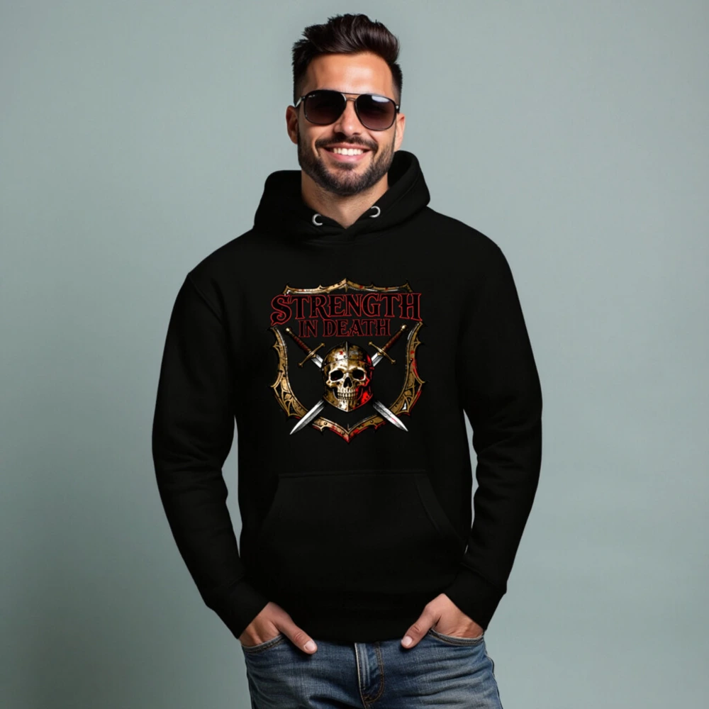 Strength in Death Hoodie - Unisex Premium Pullover with Skull & Swords Shield Design - Image 5