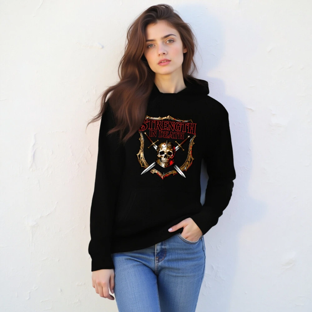Strength in Death Hoodie - Unisex Premium Pullover with Skull & Swords Shield Design - Image 6
