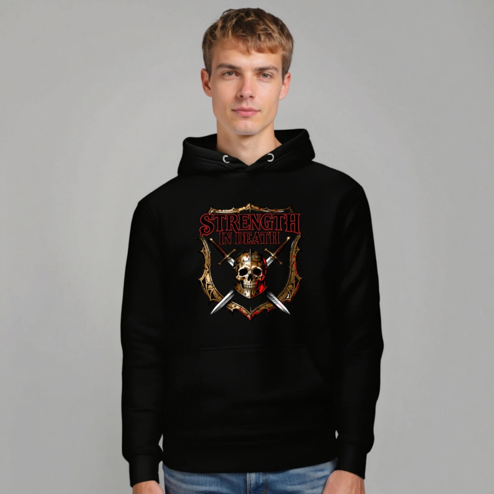 Strength in Death Hoodie - Unisex Premium Pullover with Skull & Swords Shield Design - Image 7