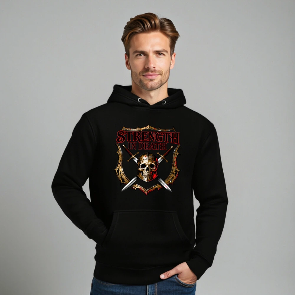 Strength in Death Hoodie - Unisex Premium Pullover with Skull & Swords Shield Design - Image 8