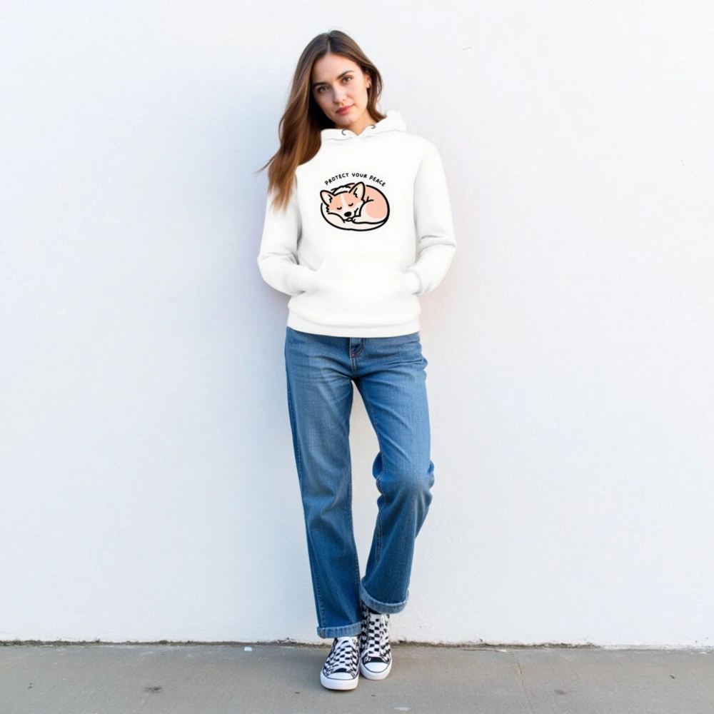 Unisex Premium Pullover Hoodie - Sleepy Corgi, 'Protect Your Peace' Design - Image 3