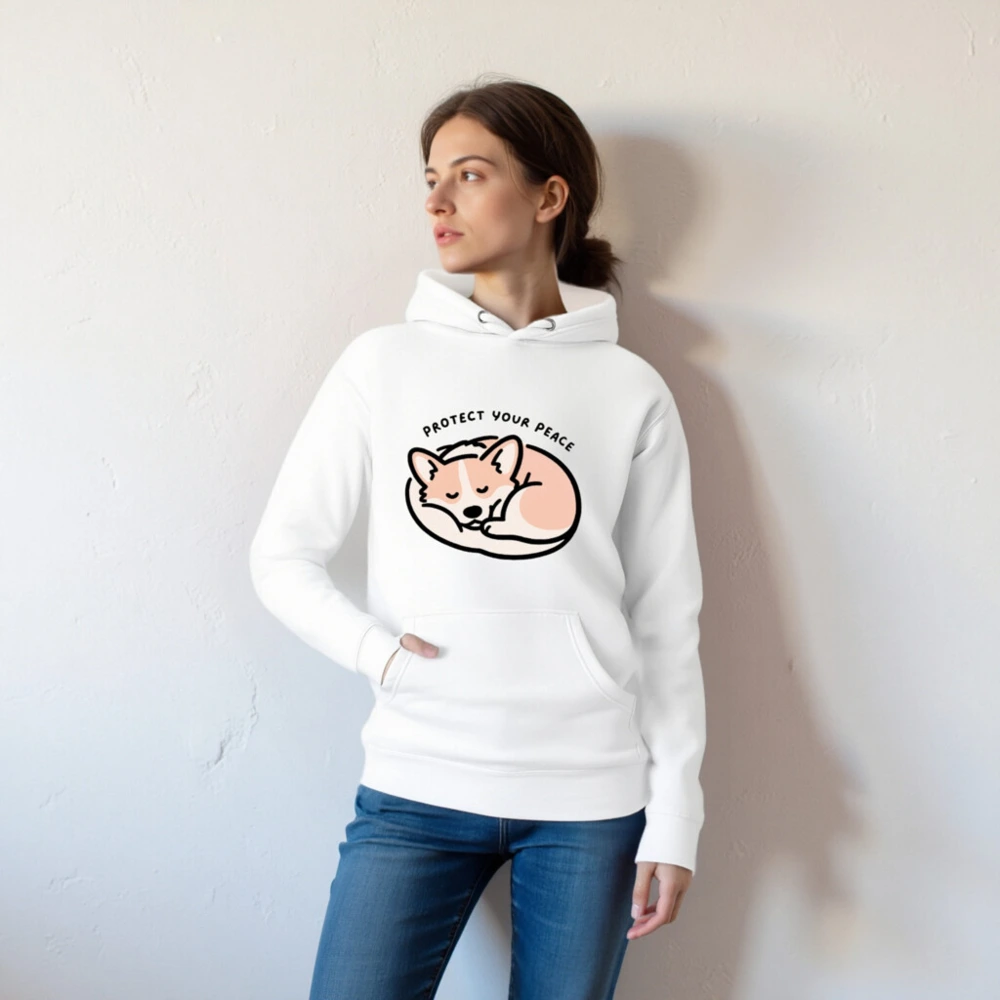 Unisex Premium Pullover Hoodie - Sleepy Corgi, 'Protect Your Peace' Design - Image 4