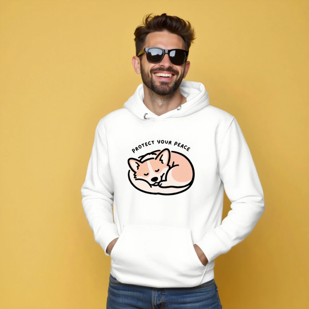 Unisex Premium Pullover Hoodie - Sleepy Corgi, 'Protect Your Peace' Design - Image 5
