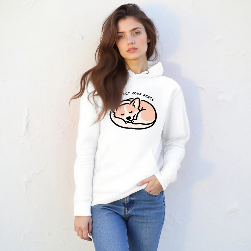 Unisex Premium Pullover Hoodie - Sleepy Corgi, 'Protect Your Peace' Design - Image 6