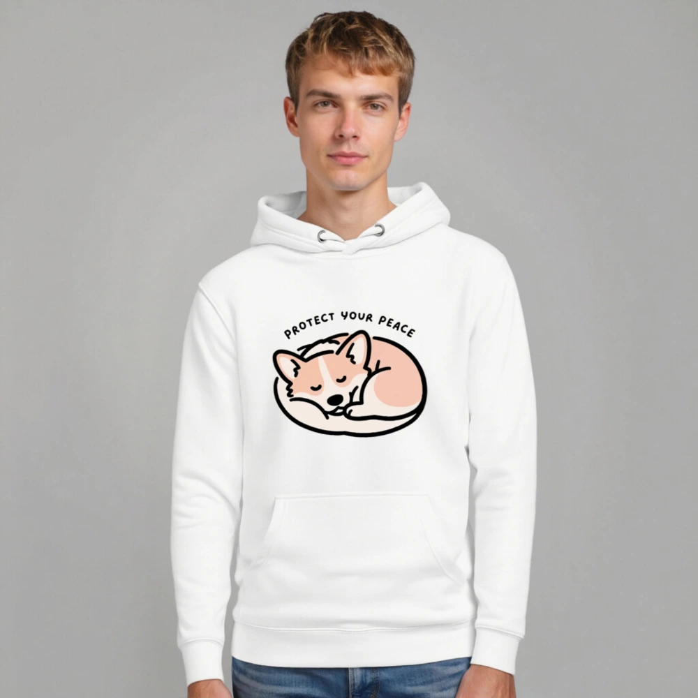 Unisex Premium Pullover Hoodie - Sleepy Corgi, 'Protect Your Peace' Design - Image 7