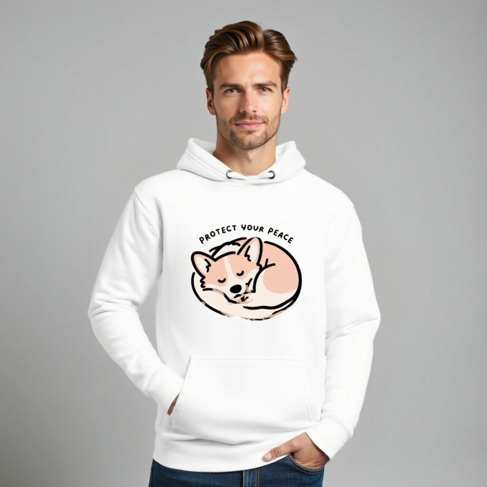 Unisex Premium Pullover Hoodie - Sleepy Corgi, 'Protect Your Peace' Design - Image 8