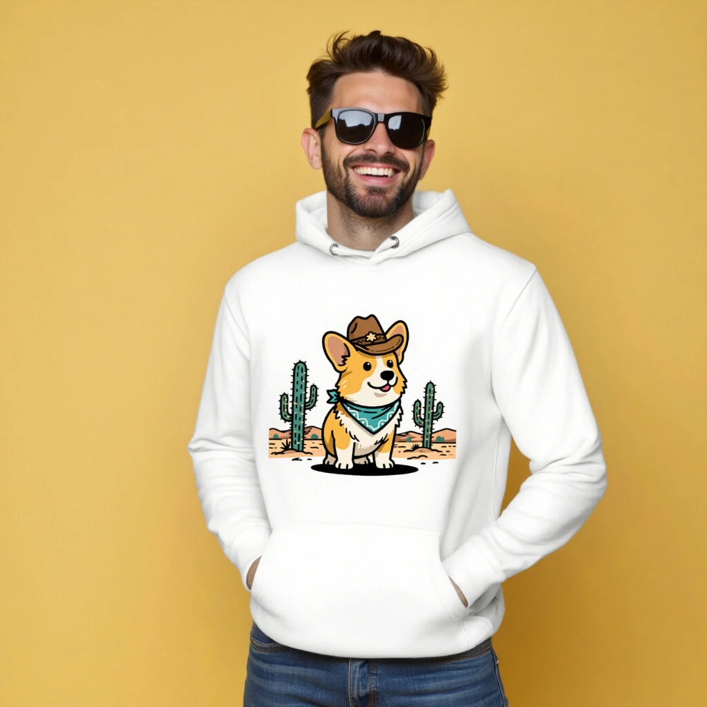 Cowboy Corgi Hoodie - Unisex Premium Pullover with Desert Bandana & Hat Design - Image 5