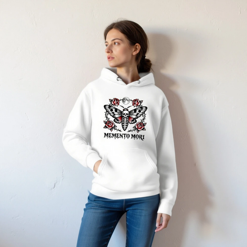 Memento Mori Moth Hoodie - Unisex Premium Pullover with Skull & Roses Tattoo Design - Image 4