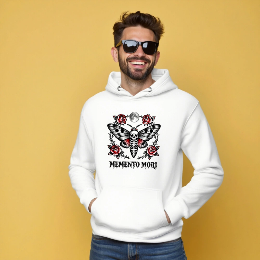 Memento Mori Moth Hoodie - Unisex Premium Pullover with Skull & Roses Tattoo Design - Image 5
