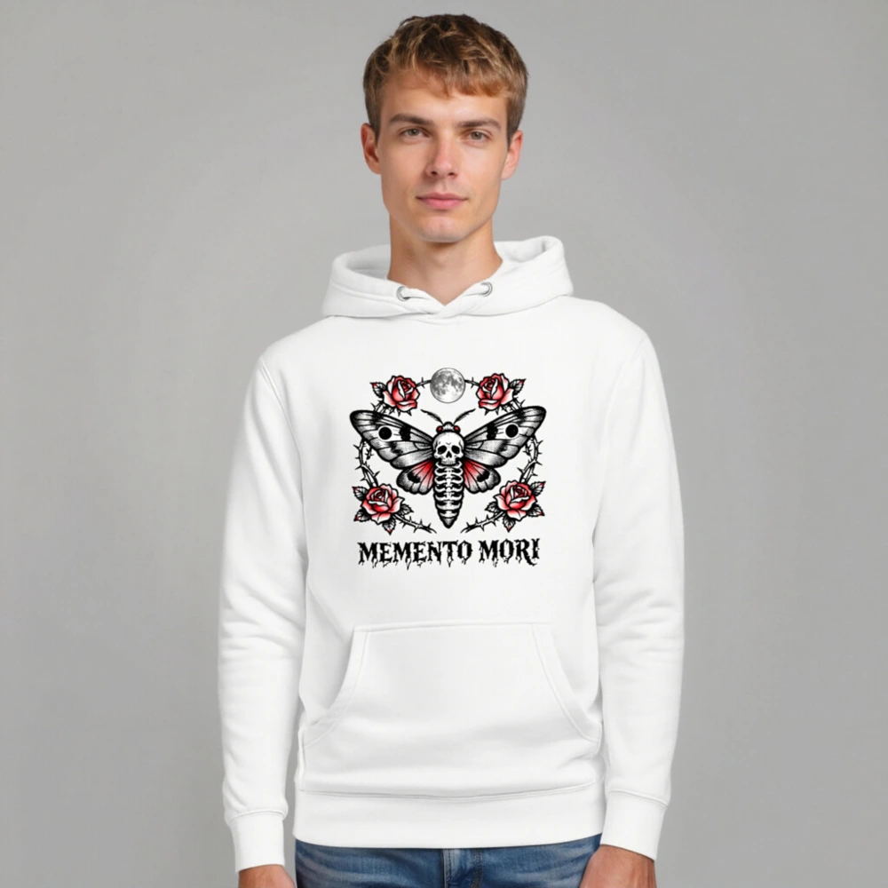 Memento Mori Moth Hoodie - Unisex Premium Pullover with Skull & Roses Tattoo Design - Image 7