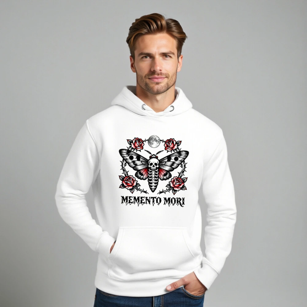Memento Mori Moth Hoodie - Unisex Premium Pullover with Skull & Roses Tattoo Design - Image 8