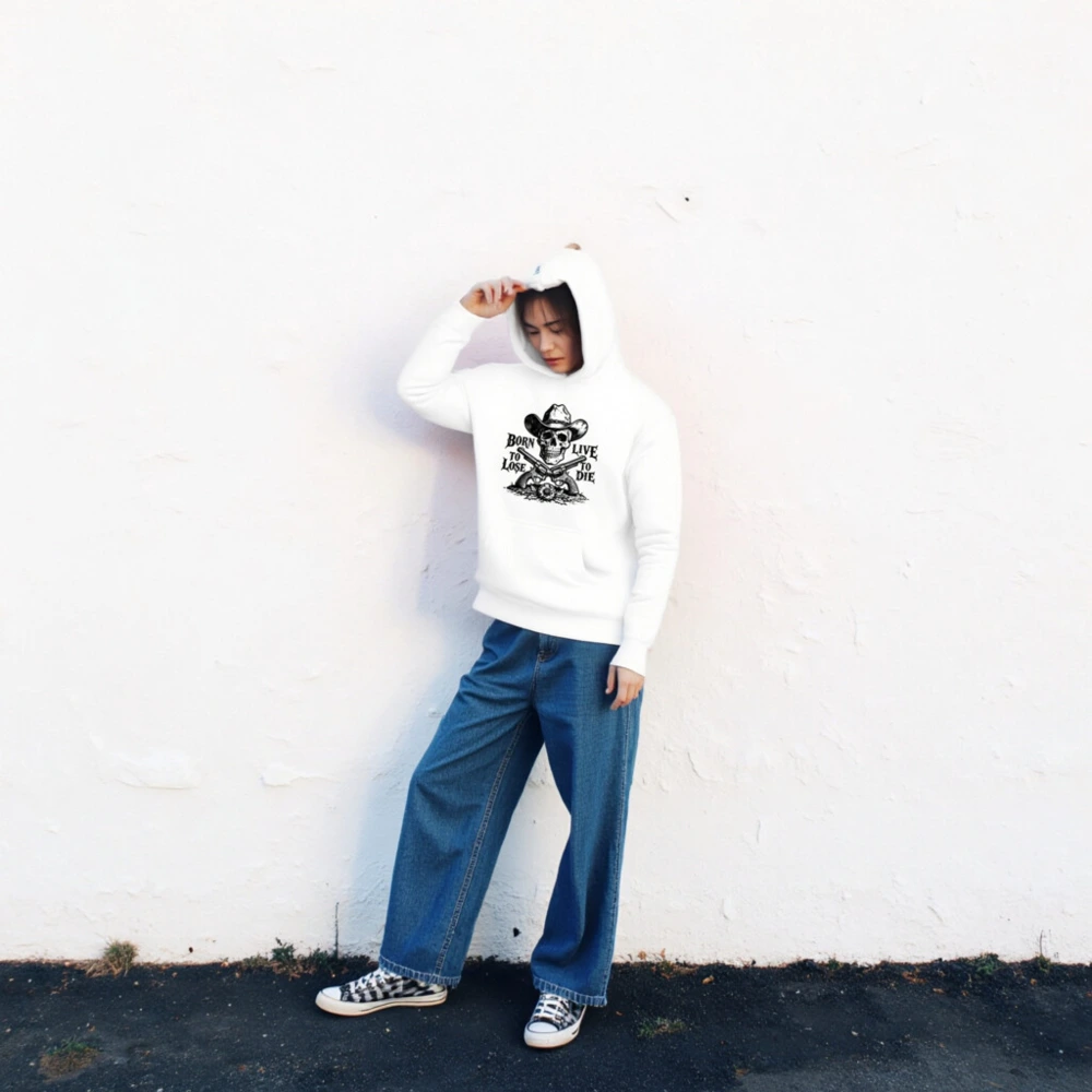 Unisex Premium Pullover Hoodie - Cowboy Skull & Revolvers Design, Born to Lose, Live to Die - Image 2