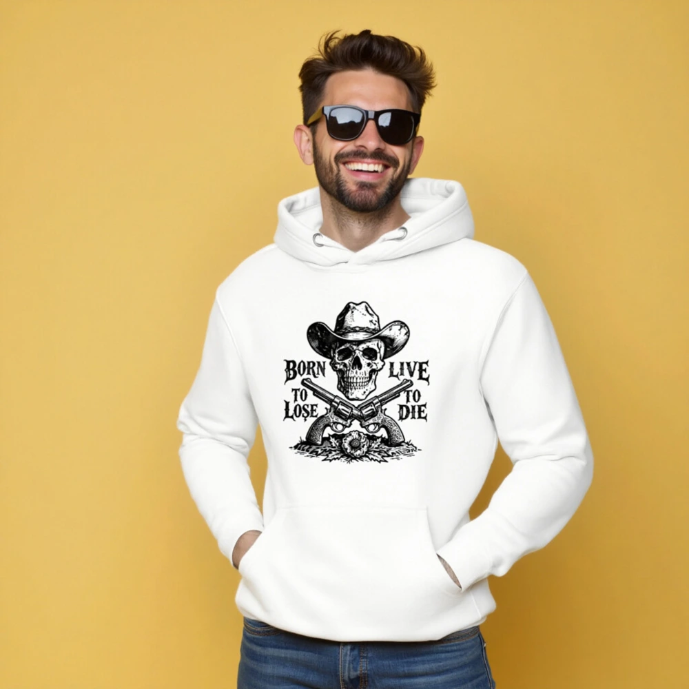 Unisex Premium Pullover Hoodie - Cowboy Skull & Revolvers Design, Born to Lose, Live to Die - Image 5