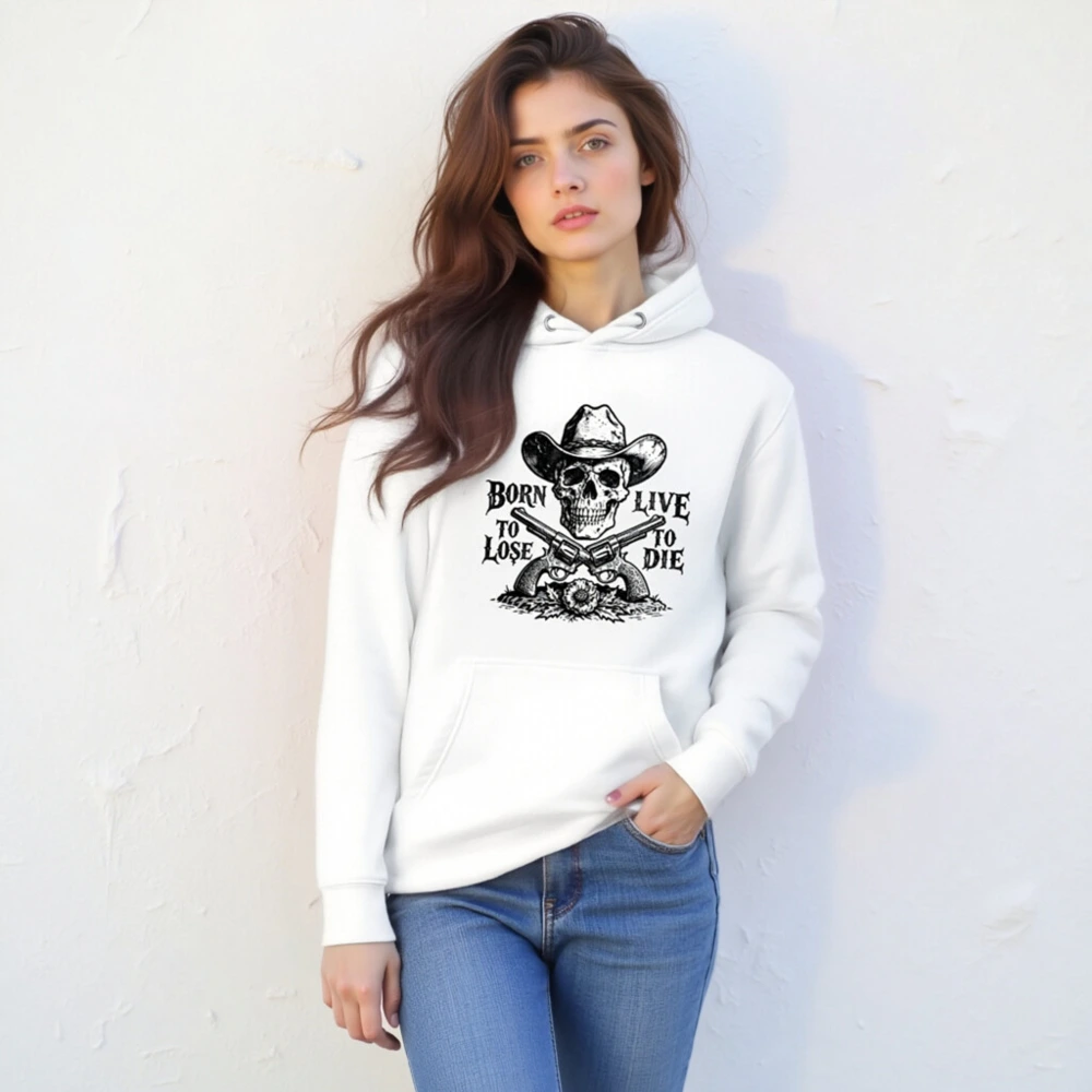 Unisex Premium Pullover Hoodie - Cowboy Skull & Revolvers Design, Born to Lose, Live to Die - Image 6