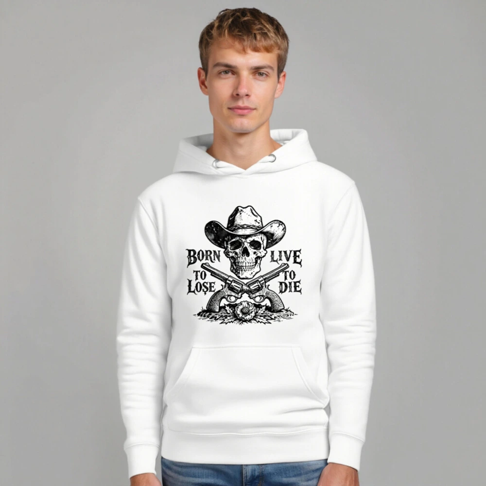 Unisex Premium Pullover Hoodie - Cowboy Skull & Revolvers Design, Born to Lose, Live to Die - Image 7