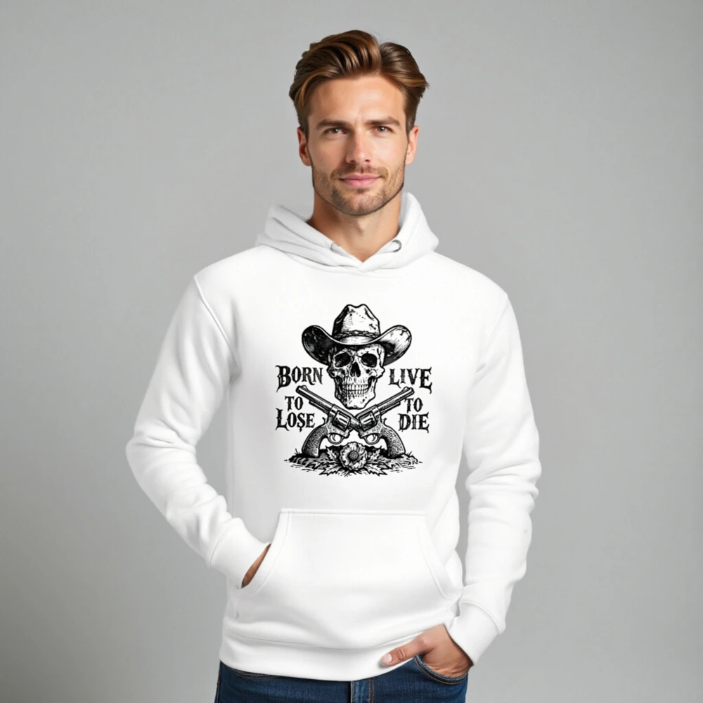 Unisex Premium Pullover Hoodie - Cowboy Skull & Revolvers Design, Born to Lose, Live to Die - Image 8