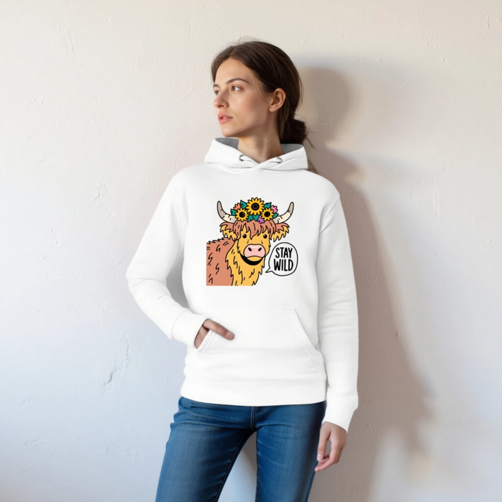 Unisex Premium Pullover Hoodie - Highland Cow with Sunflowers & 'Stay Wild' Graphic - Image 3