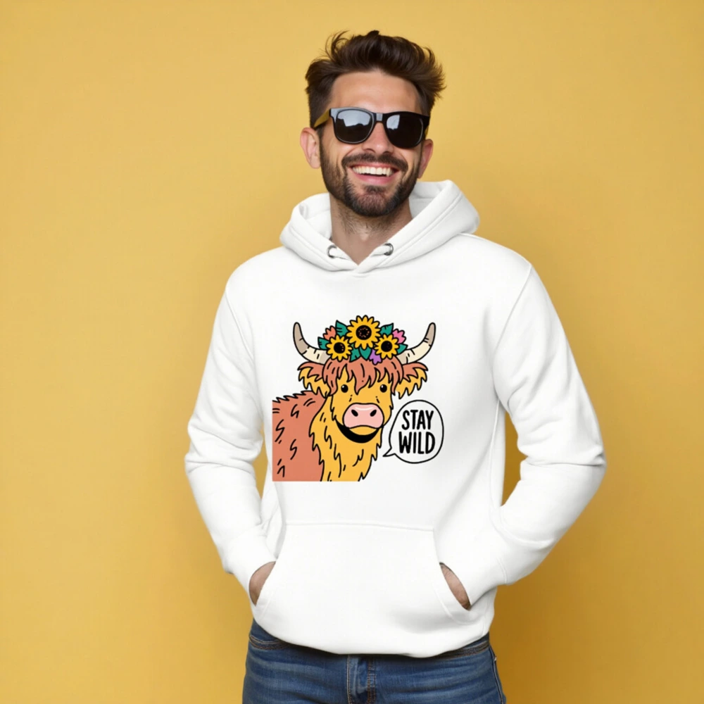 Unisex Premium Pullover Hoodie - Highland Cow with Sunflowers & 'Stay Wild' Graphic - Image 4