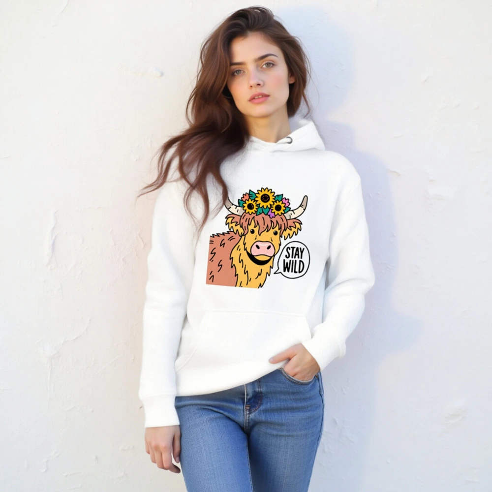 Unisex Premium Pullover Hoodie - Highland Cow with Sunflowers & 'Stay Wild' Graphic - Image 5