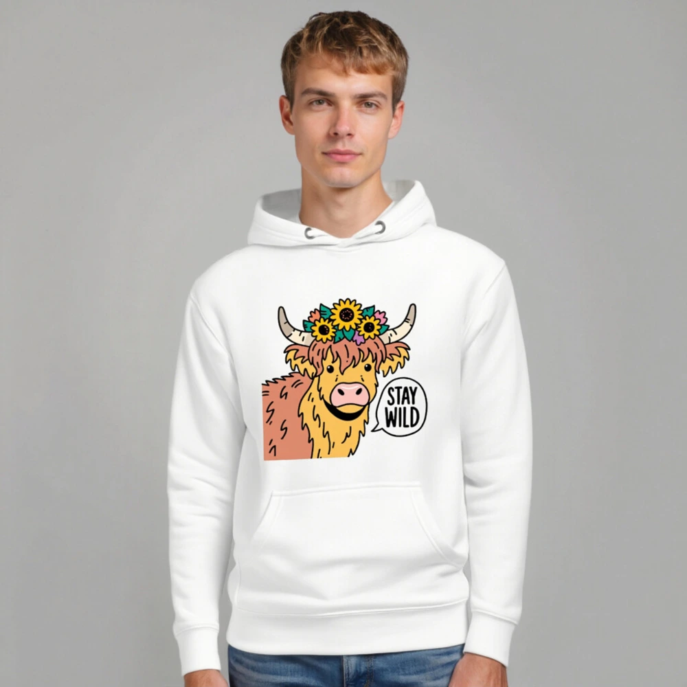 Unisex Premium Pullover Hoodie - Highland Cow with Sunflowers & 'Stay Wild' Graphic - Image 6
