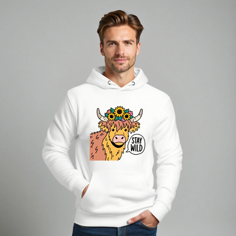 Unisex Premium Pullover Hoodie - Highland Cow with Sunflowers & 'Stay Wild' Graphic - Image 7