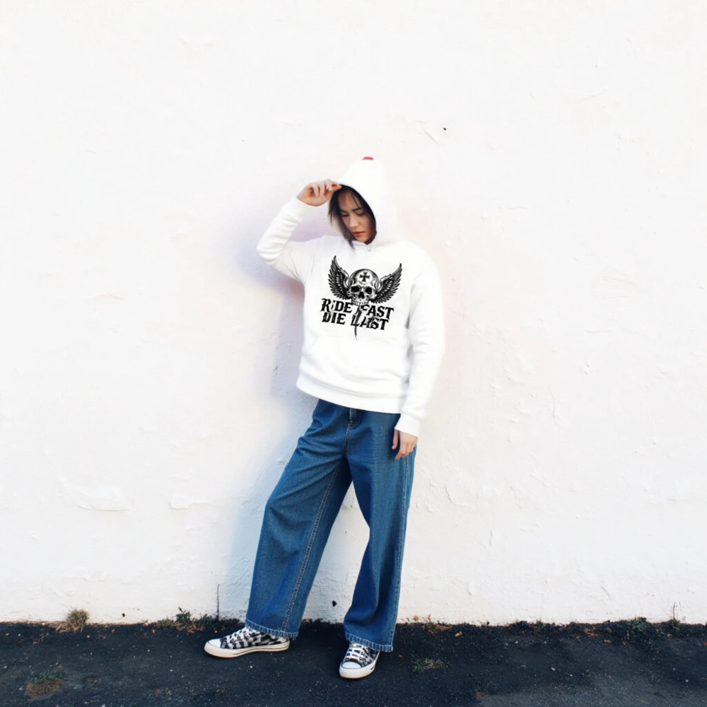 Ride Fast Die Last Skull Wings Hoodie - Unisex Premium Pullover - Image 2