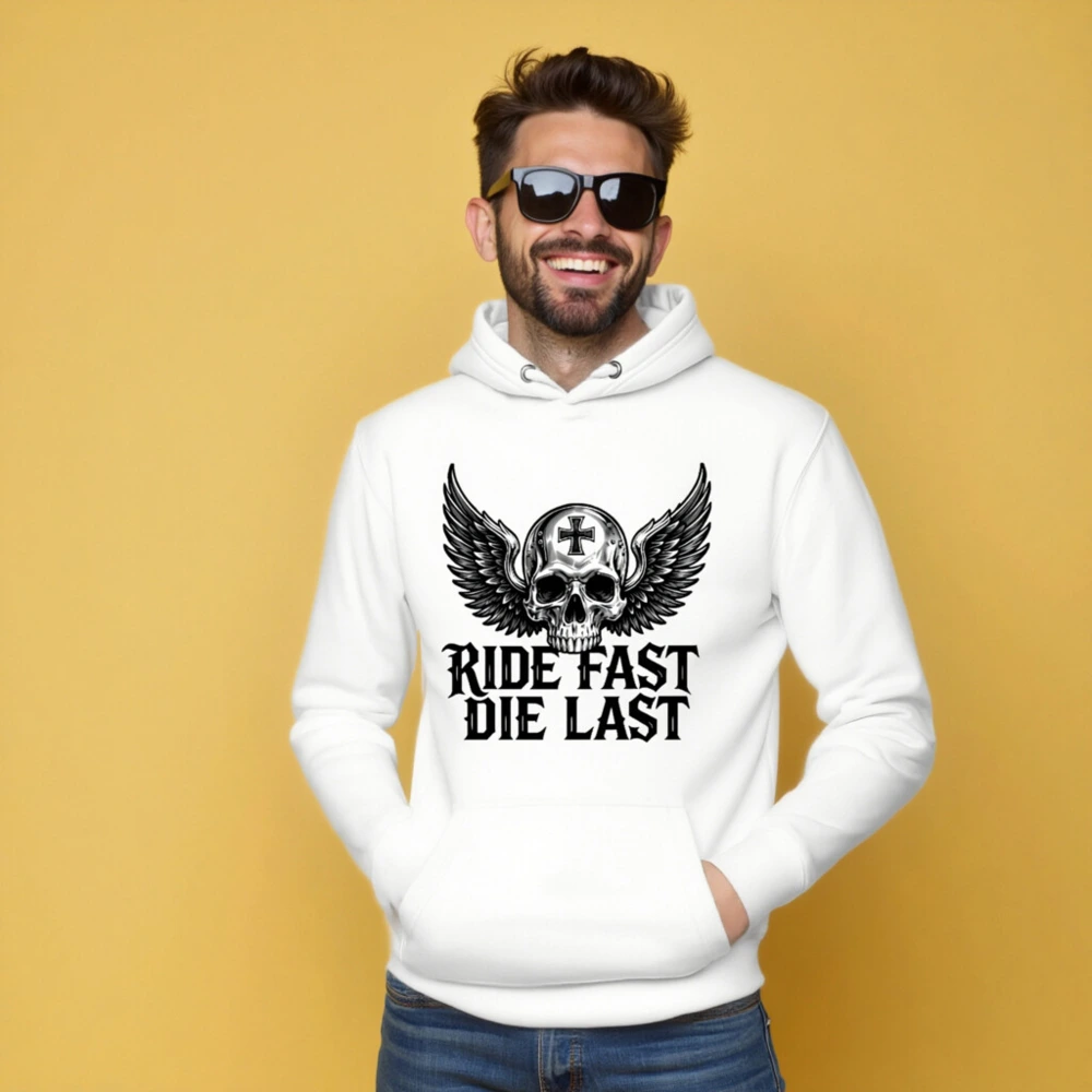Ride Fast Die Last Skull Wings Hoodie - Unisex Premium Pullover - Image 4