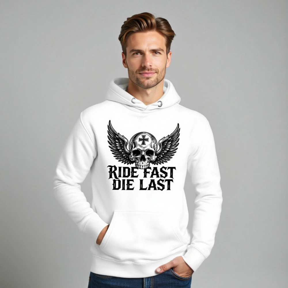 Ride Fast Die Last Skull Wings Hoodie - Unisex Premium Pullover - Image 6
