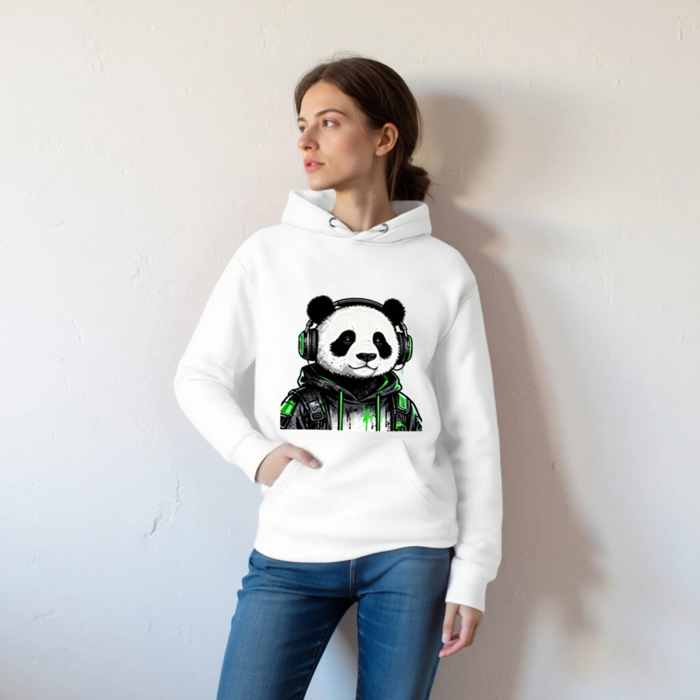 Panda Gamer Hoodie - Unisex Premium Pullover with Green Headphones & Glow Design - Image 4