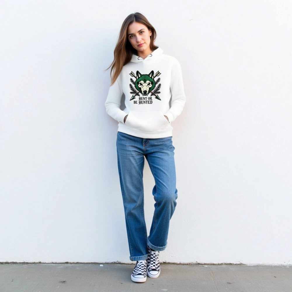 Unisex Premium Pullover Hoodie - Wolf Skull & Arrows Design | Hunt or Be Hunted - Image 3