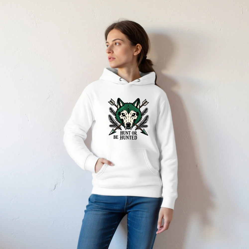 Unisex Premium Pullover Hoodie - Wolf Skull & Arrows Design | Hunt or Be Hunted - Image 4
