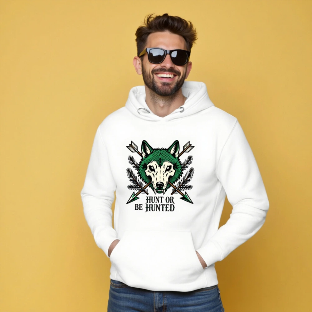Unisex Premium Pullover Hoodie - Wolf Skull & Arrows Design | Hunt or Be Hunted - Image 5