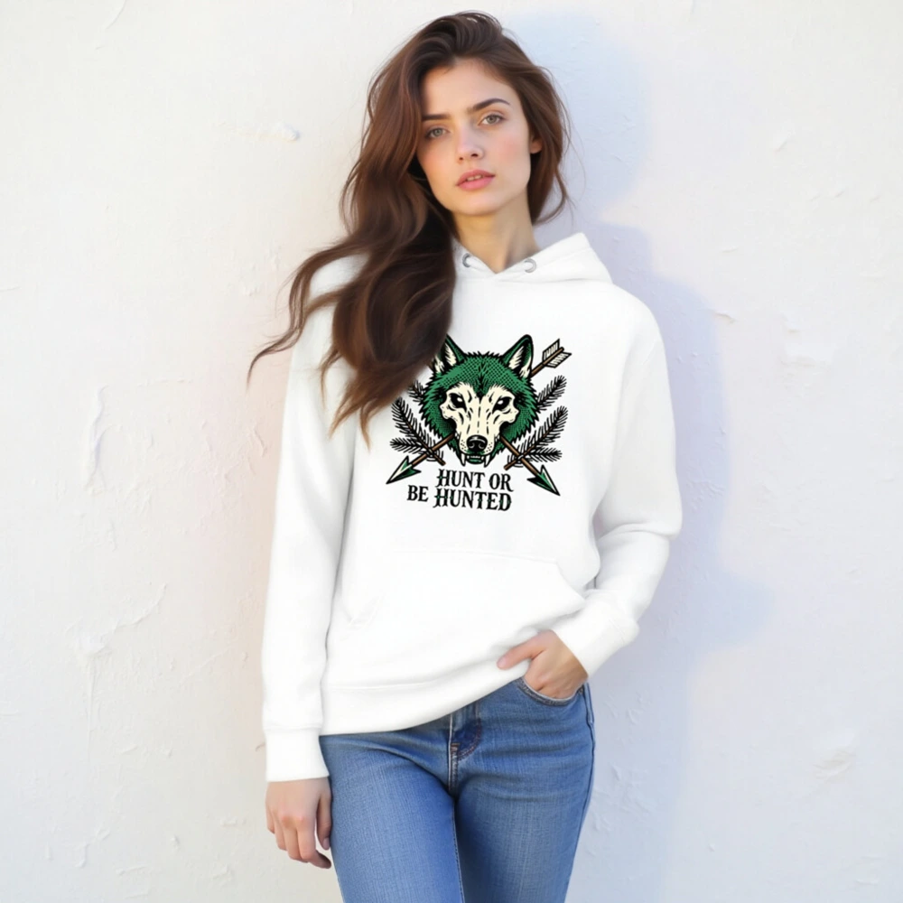 Unisex Premium Pullover Hoodie - Wolf Skull & Arrows Design | Hunt or Be Hunted - Image 6