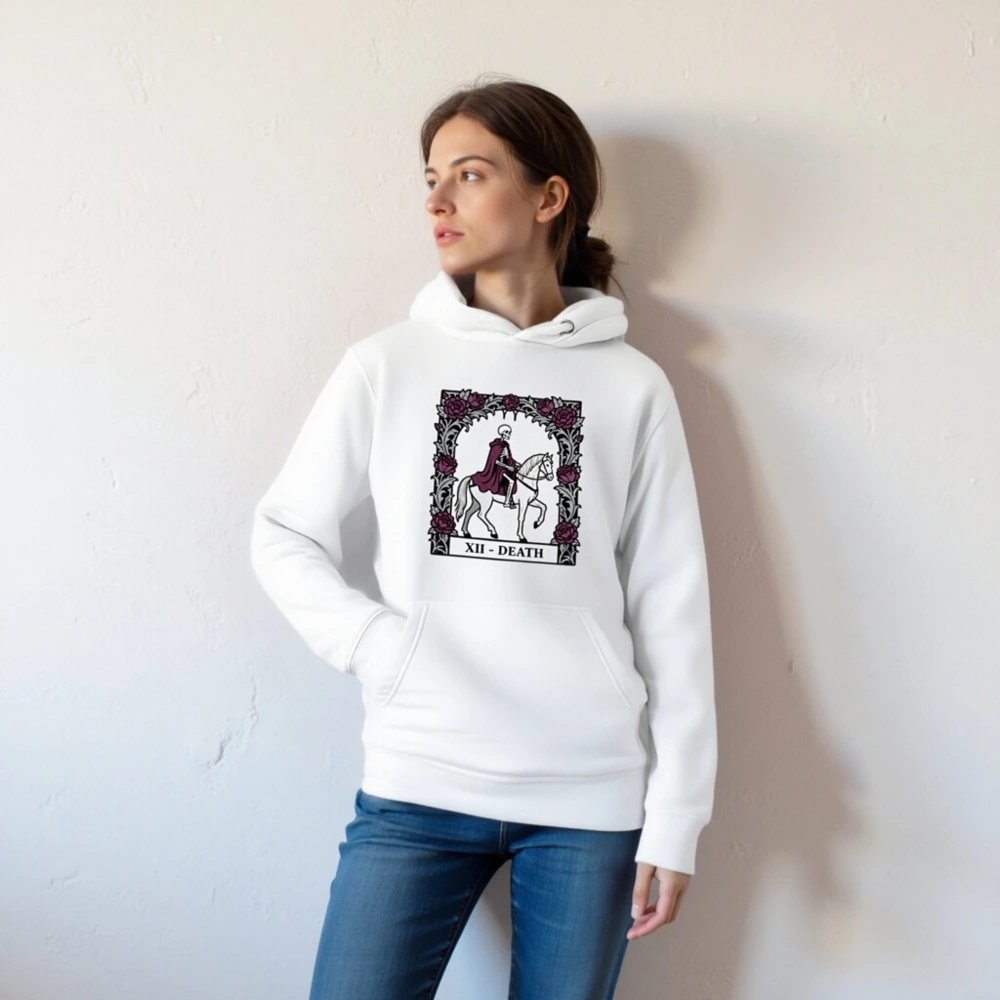 Unisex Premium Pullover Hoodie - Death Tarot Card Design, XII - Death, Gothic Rose Frame - Image 4