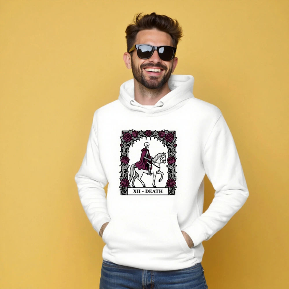 Unisex Premium Pullover Hoodie - Death Tarot Card Design, XII - Death, Gothic Rose Frame - Image 5