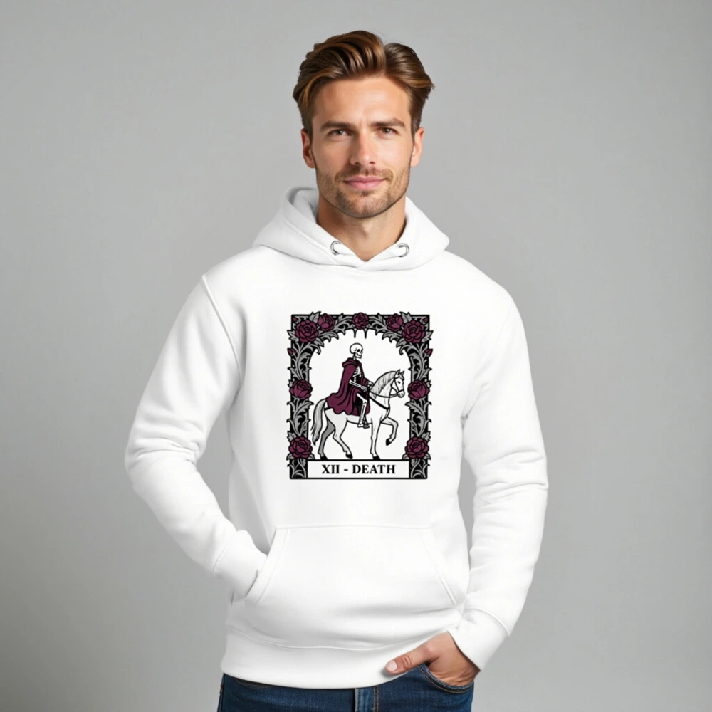 Unisex Premium Pullover Hoodie - Death Tarot Card Design, XII - Death, Gothic Rose Frame - Image 8