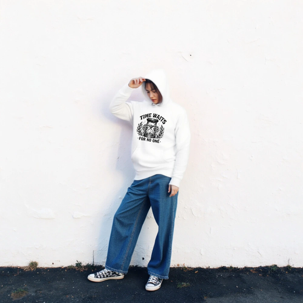 Unisex Premium Pullover Hoodie - Time Waits For No One Hourglass Skull Design - Image 2