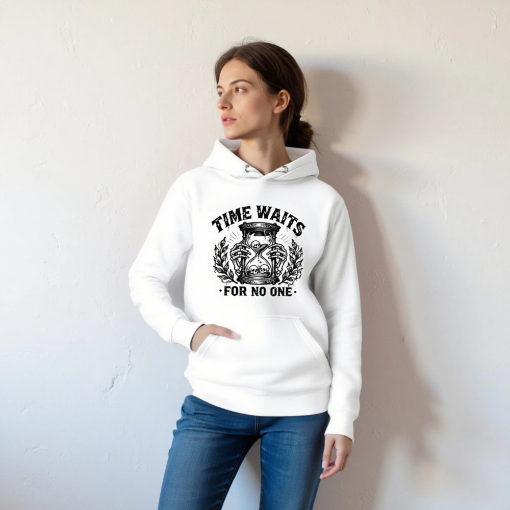 Unisex Premium Pullover Hoodie - Time Waits For No One Hourglass Skull Design - Image 4