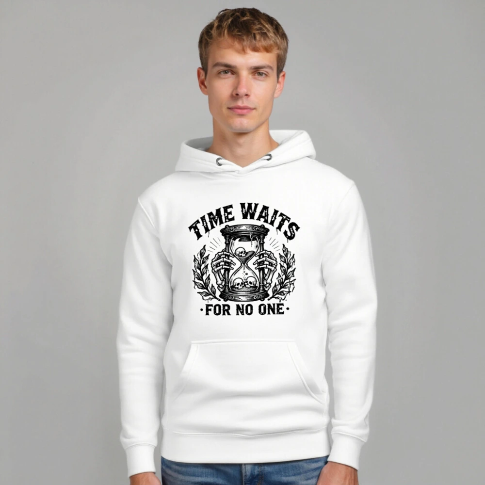 Unisex Premium Pullover Hoodie - Time Waits For No One Hourglass Skull Design - Image 7
