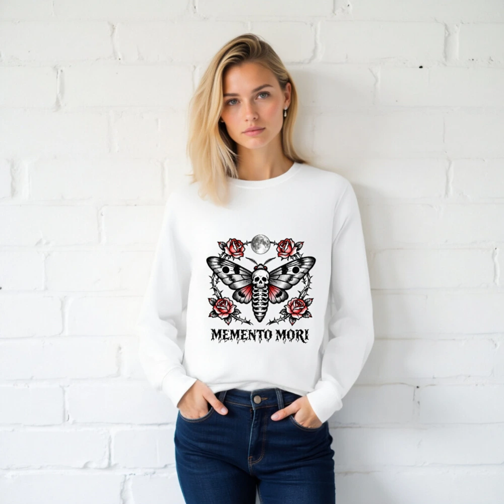 Unisex Organic Sweatshirt with Memento Mori Skull Moth Rose Design - Image 2